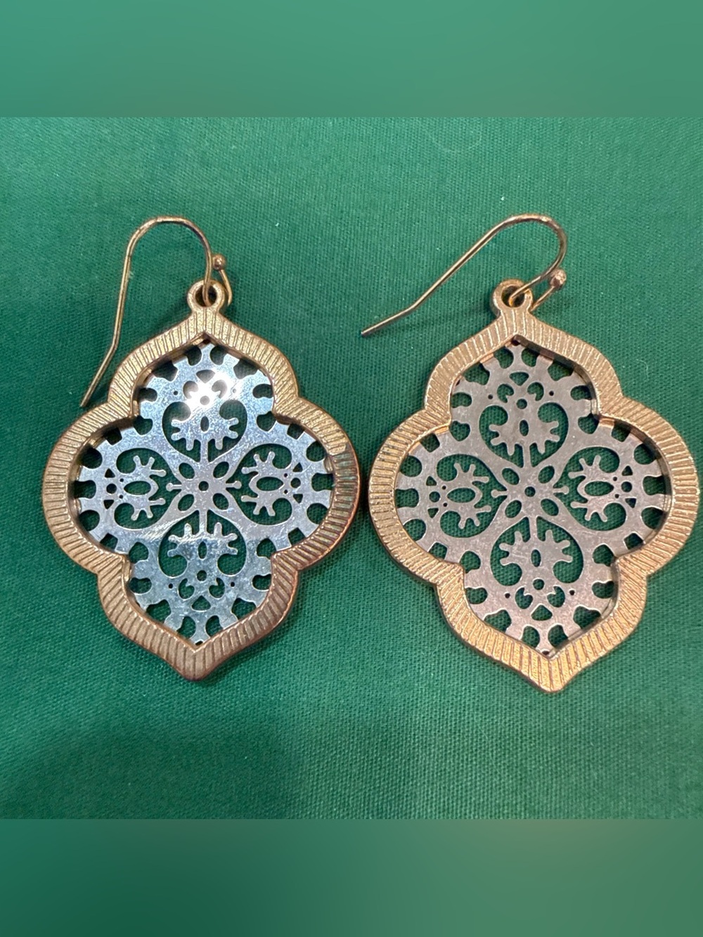 Twotoned Filigree Drop Earrings W/Intricate QuatrefoilMedallionCutout Design 20F